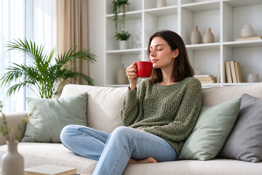 Woman relaxing on a beige sofa in a bright living room, enjoying a calm and comfortable home atmosphere.