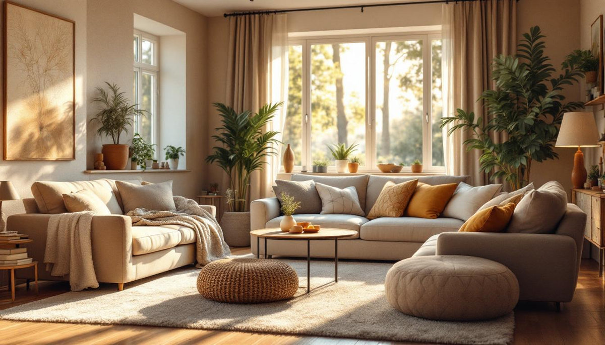 Cozy living room with beige sofas, soft textiles and warm natural light.