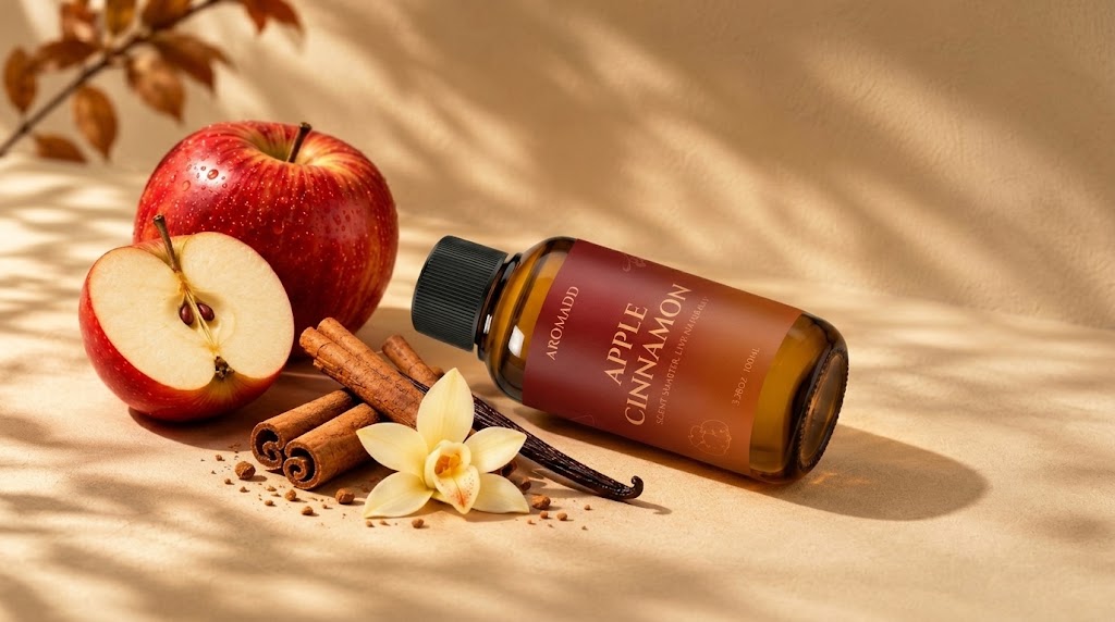 Aromadd Apple Cinnamon diffuser oil with apples, cinnamon and vanilla on a beige background.