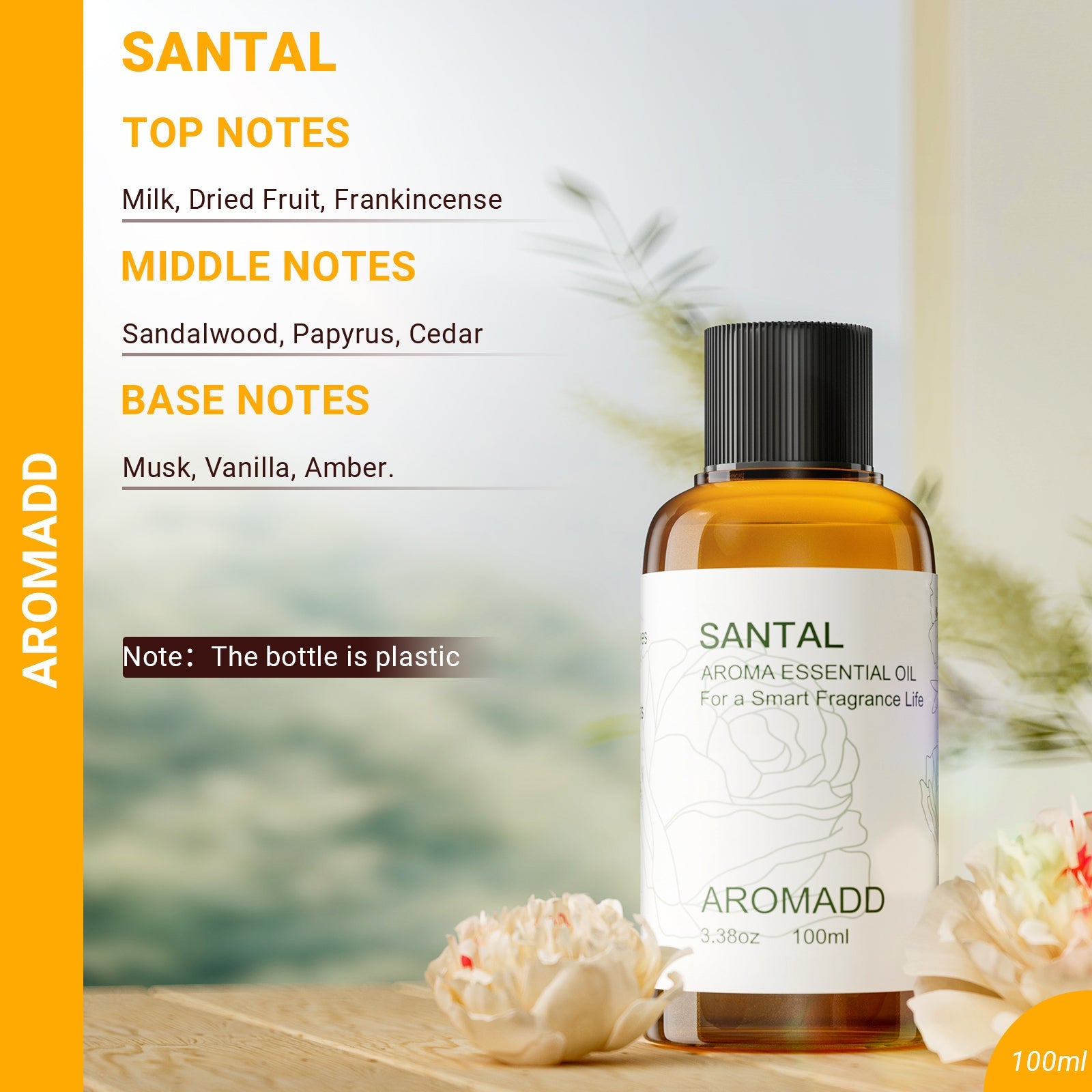 100% Pure Santal Essential Oil - 3.4 fl oz (100 mL) Plastic Bottle - AromaddEssential oil