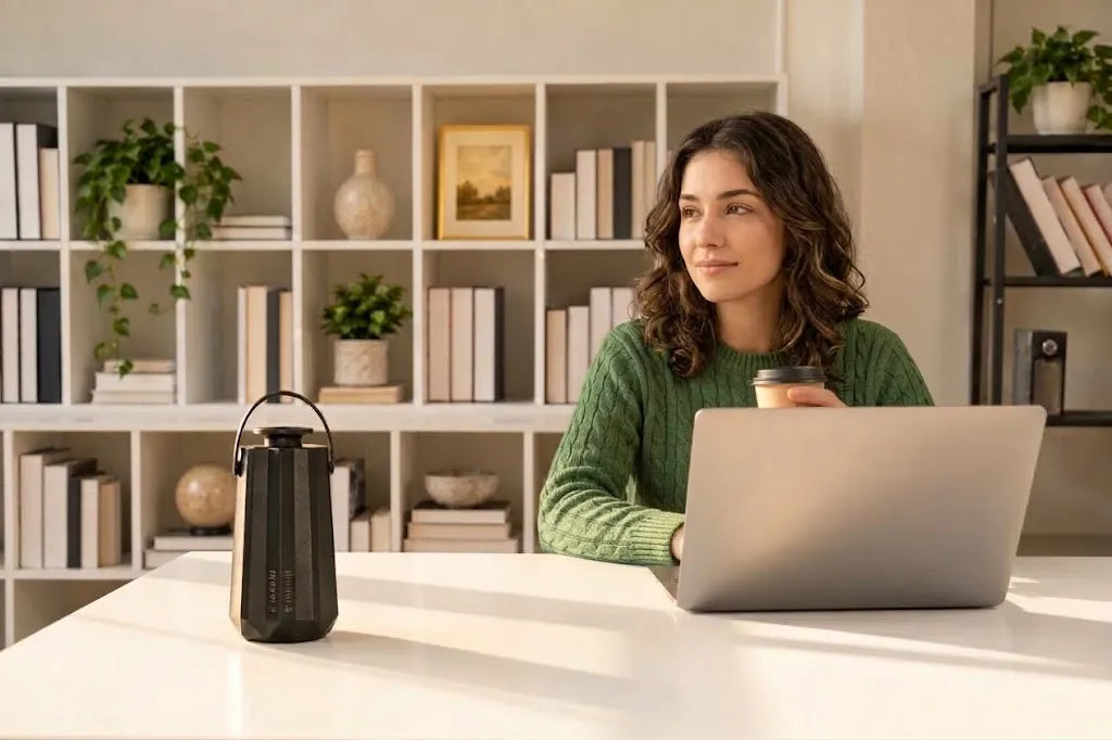 Aromadd T-Air scent diffuser on a desk in a bright home office