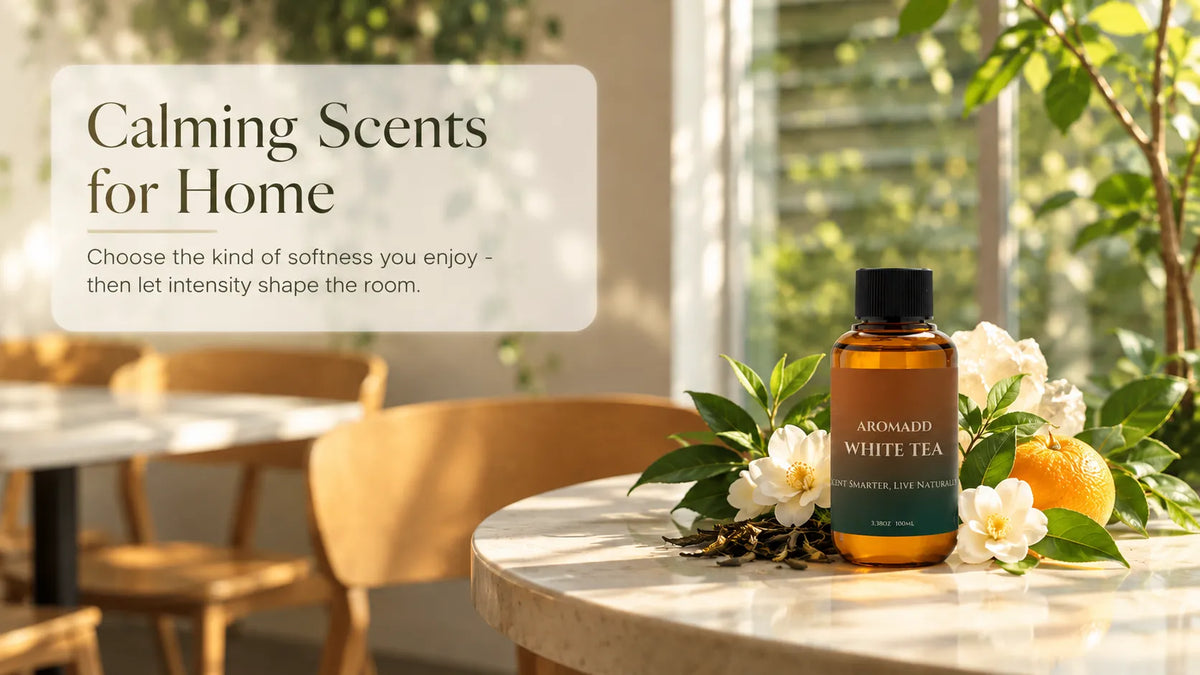 Soft home interior with tea, florals, sandalwood, and warm fragrance cues illustrating calming scents for home.