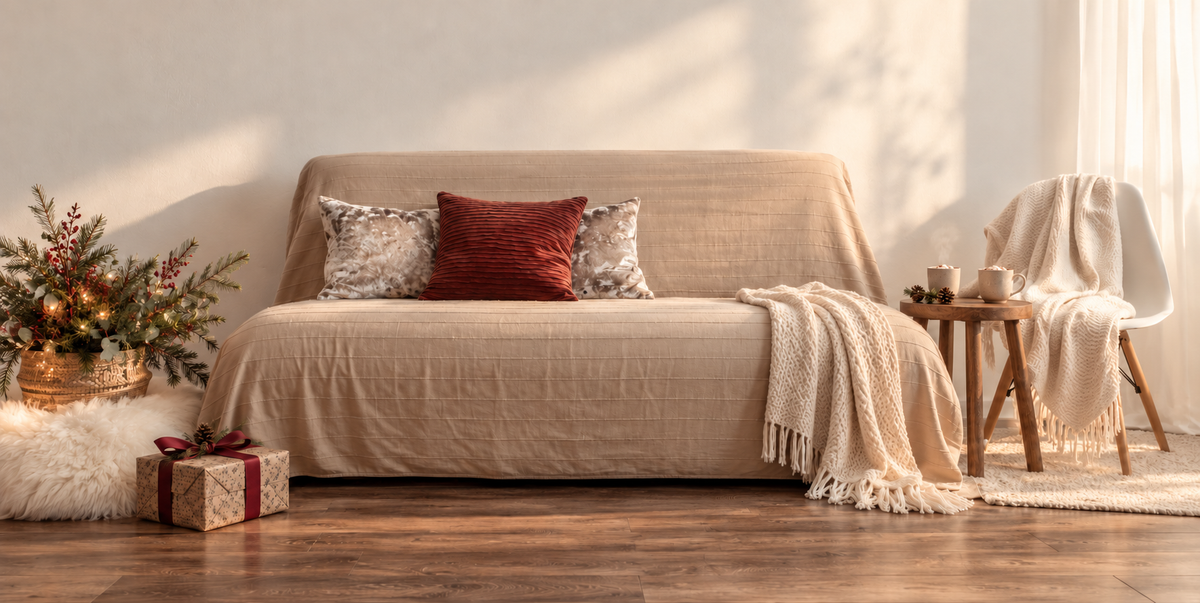 Beige sofa with textured cushions and knitted throws in a sunlit seasonal living room.
