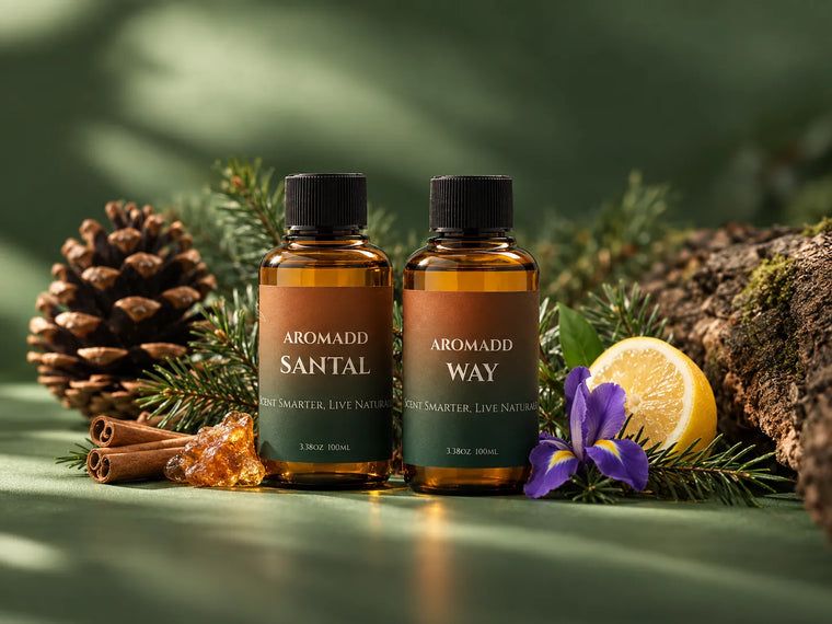 Aromadd Santal and Aromadd Way fragrance oils styled with cedar, pine, citrus, and woody materials for a guide to what cedarwood smells like.