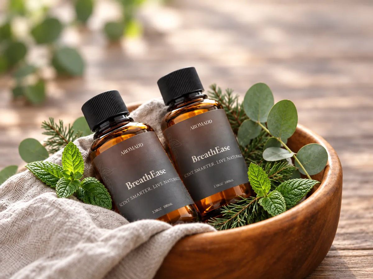 Aromadd BreathEase fragrance oil styled with eucalyptus, mint, and pine to introduce the cool, green, camphorous character of eucalyptus scent.
