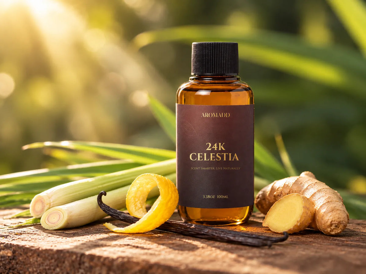 Aromadd 24K Celestia fragrance oil styled with lemongrass, citrus peel, and ginger for a guide to what lemongrass smells like.