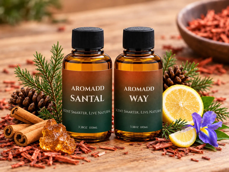 Aromadd Santal and Aromadd Way fragrance oils styled with sandalwood, citrus, woods, and aromatic materials for a guide to what sandalwood smells like.
