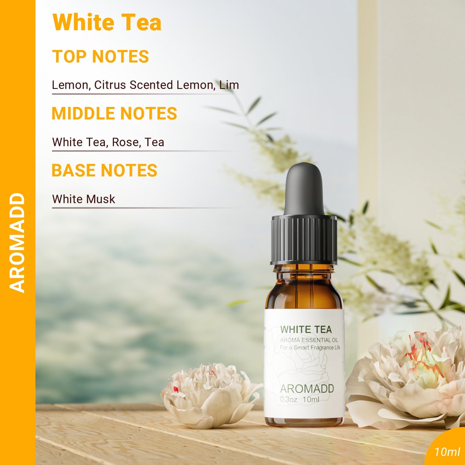 100% Pure White Tea Essential Oil - 0.3 fl oz (10 mL) Glass Bottle - AromaddEssential oil